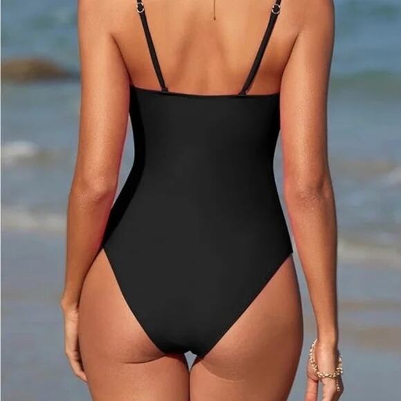 Zaful Women's Black V-Neck Mesh Cross Sides Tummy Control Swimsuit Size 4 - Picture 2 of 7